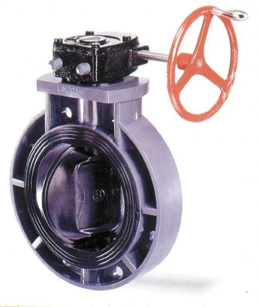 Simtech - 8" Pipe, Wafer Butterfly Valve - Gear Handle, PVDF Body, Viton Seat, 150 WOG, PVDF Disc, Stainless Steel Stem - Benchmark Tooling