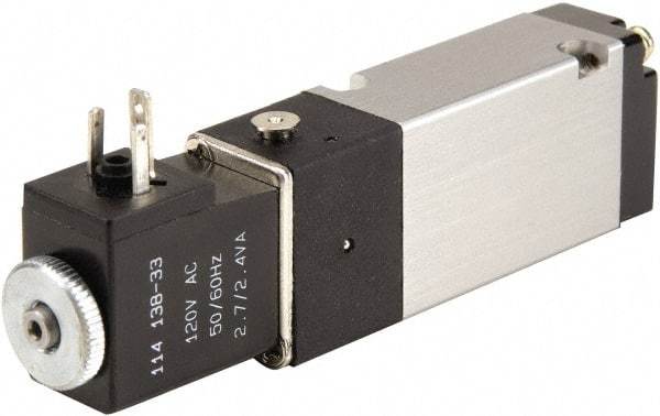 ARO/Ingersoll-Rand - 1/8" Inlet x 1/8" Outlet, Solenoid Actuator, Spring Return, 2 Position, Body Ported Solenoid Air Valve - 24 VDC Input, 0.7 CV, 4 Way, 115 psi, 122° Max Temp - Benchmark Tooling