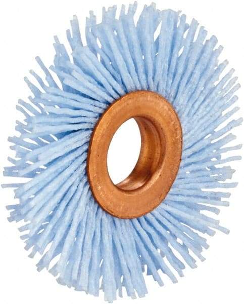 Tanis - 3" OD, 1/2" Arbor Hole, Crimped Nylon Wheel Brush - 3/8" Face Width, 7/8" Trim Length, 0.035" Filament Diam - Benchmark Tooling