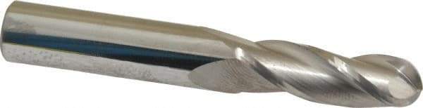 SGS - 11/32" Diam, 1" LOC, 3 Flute Solid Carbide Ball End Mill - Uncoated, Single End, 2-1/2" OAL, 3/8" Shank Diam, Spiral Flute - Benchmark Tooling