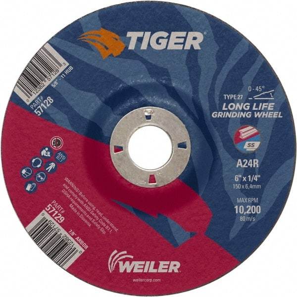 Weiler - 24 Grit, 6" Wheel Diam, 7/8" Arbor Hole, Type 27 Depressed Center Wheel - Medium Grade, Aluminum Oxide, R Hardness, 10,200 Max RPM - Benchmark Tooling