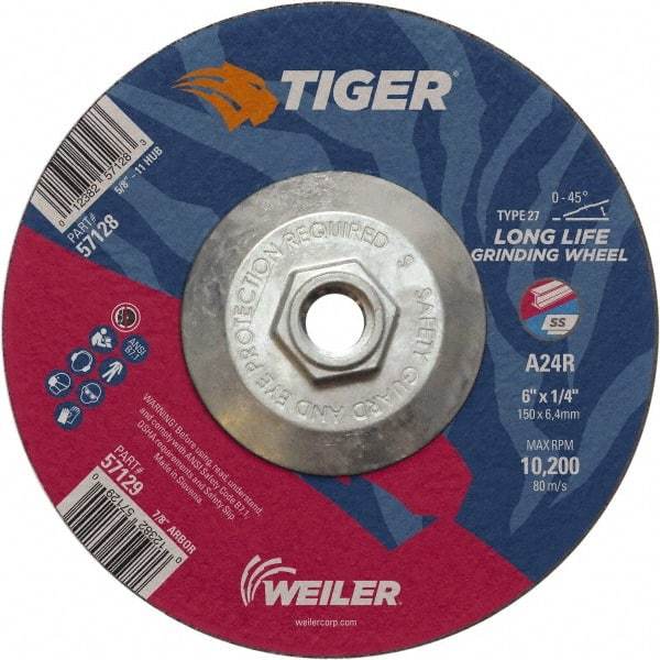 Weiler - 24 Grit, 6" Wheel Diam, Type 27 Depressed Center Wheel - Medium Grade, Aluminum Oxide, R Hardness, 10,200 Max RPM - Benchmark Tooling