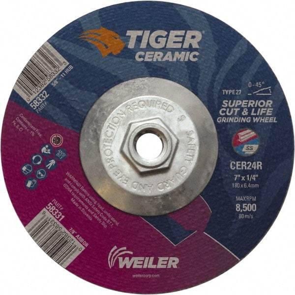 Weiler - 24 Grit, 7" Wheel Diam, Type 27 Depressed Center Wheel - Medium Grade, Ceramic, R Hardness, 8,500 Max RPM - Benchmark Tooling