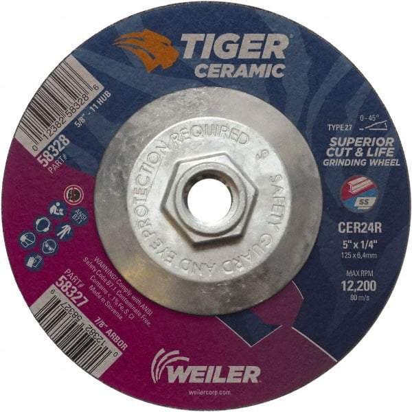 Weiler - 24 Grit, 5" Wheel Diam, Type 27 Depressed Center Wheel - Medium Grade, Ceramic, R Hardness, 12,200 Max RPM - Benchmark Tooling
