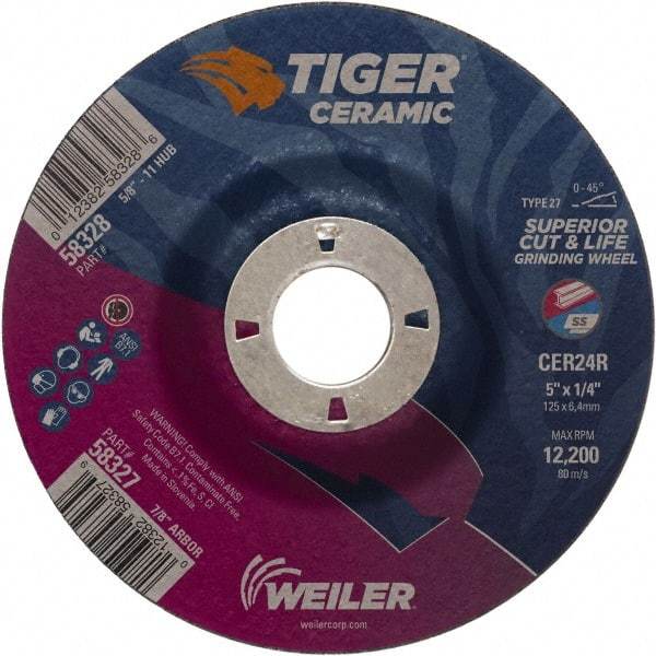 Weiler - 24 Grit, 5" Wheel Diam, 7/8" Arbor Hole, Type 27 Depressed Center Wheel - Medium Grade, Ceramic, R Hardness, 12,200 Max RPM - Benchmark Tooling