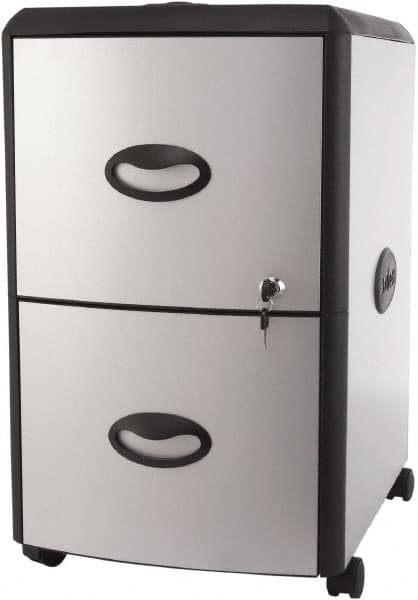 Storex - 19" Wide x 23" High x 15" Deep, 2 Drawer Mobile Pedestal - Plastic/Steel, Silver/Black - Benchmark Tooling