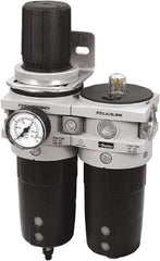 Parker - 1" NPT Port Heavy-Duty 2 Piece Filter/Regulator-Lubricator FRL Unit - Polypropylene Bowl, 340 SCFM, 254 Max psi, 13-1/2" High, Automatic Drain - Benchmark Tooling