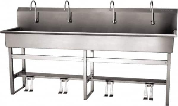 SANI-LAV - 77" Long x 16-1/2" Wide Inside, 1 Compartment, Grade 304 Stainless Steel (5) Person Wash-Station with Double Foot Valves - 16 Gauge, 80" Long x 20" Wide x 45" High Outside, 8" Deep - Benchmark Tooling