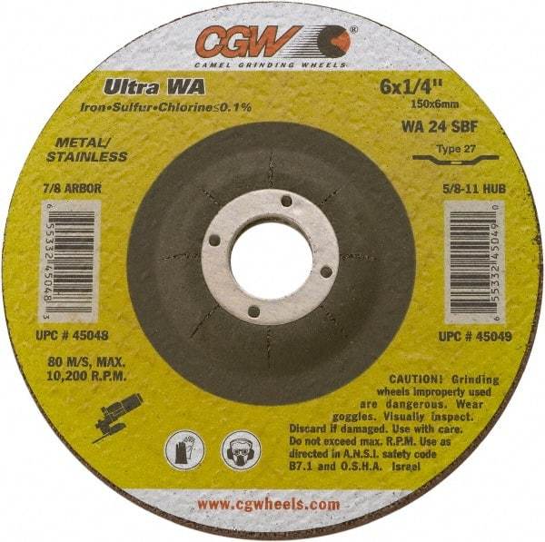 Camel Grinding Wheels - 24 Grit, 4-1/2" Wheel Diam, 1/4" Wheel Thickness, Type 27 Depressed Center Wheel - Coarse Grade, Aluminum Oxide, Resinoid Bond, 13,300 Max RPM - Benchmark Tooling
