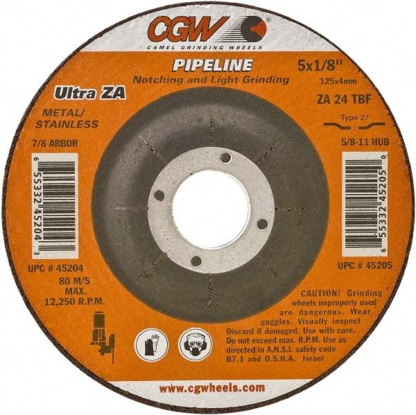 Camel Grinding Wheels - 24 Grit, 4-1/2" Wheel Diam, 1/8" Wheel Thickness, 7/8" Arbor Hole, Type 27 Depressed Center Wheel - Coarse Grade, Zirconia Alumina, Resinoid Bond, 13,300 Max RPM - Benchmark Tooling