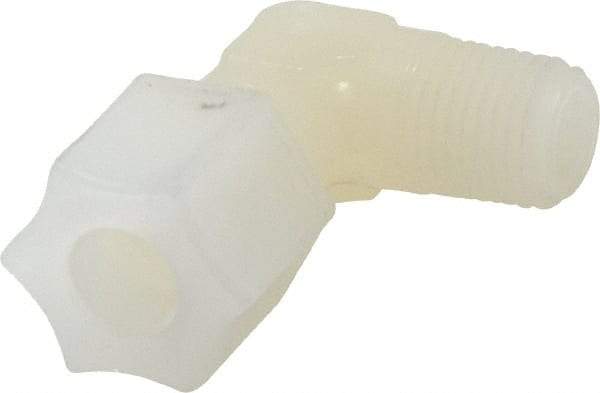Made in USA - 3/8" Tube OD, Kynar Plastic Compression Tube Male Elbow - 1/4 NPT Pipe, 275°F Max, Plastic Grip - Benchmark Tooling