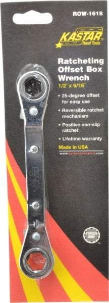 Lang - 1/2" x 9/16" 6 Point Reversible Ratcheting Offset Box Wrench - Double End, 6-3/4" OAL, Steel, 25° Offset - Benchmark Tooling