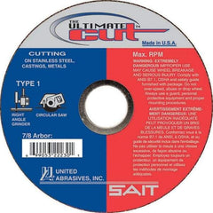 Sait - 5" Aluminum Oxide Cutoff Wheel - 0.045" Thick, 7/8" Arbor, 12,200 Max RPM, Use with Angle Grinders - Benchmark Tooling