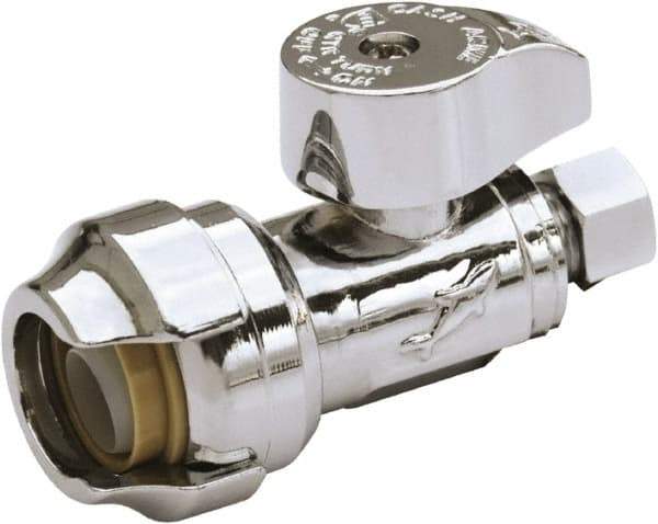 SharkBite - 1/2 & 3/8" Pipe, 200 psi WOG Rating, Brass Stop Valve - Chrome Finished Handle, Push Fit End Connections, For Potable Water Applications - Benchmark Tooling