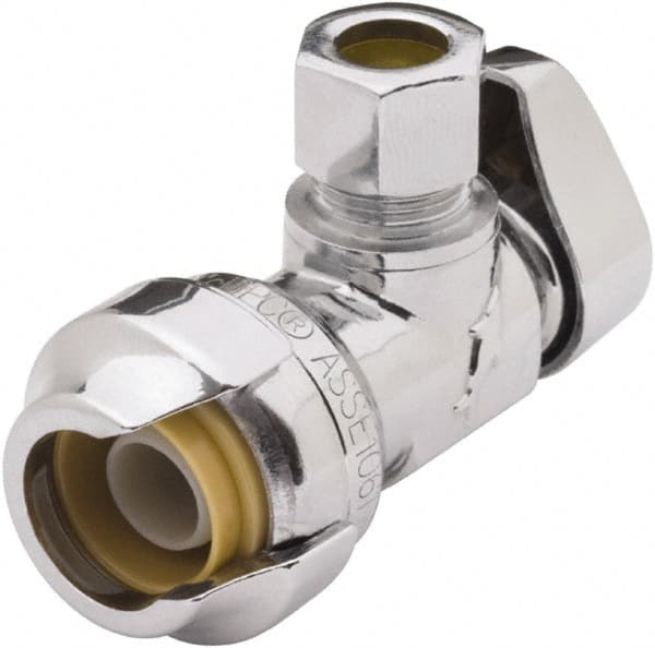 SharkBite - 1/2 & 3/8" Pipe, 200 psi WOG Rating, Brass Angle Stop Valve - Chrome Finished Handle, Push Fit End Connections, For Potable Water Applications - Benchmark Tooling