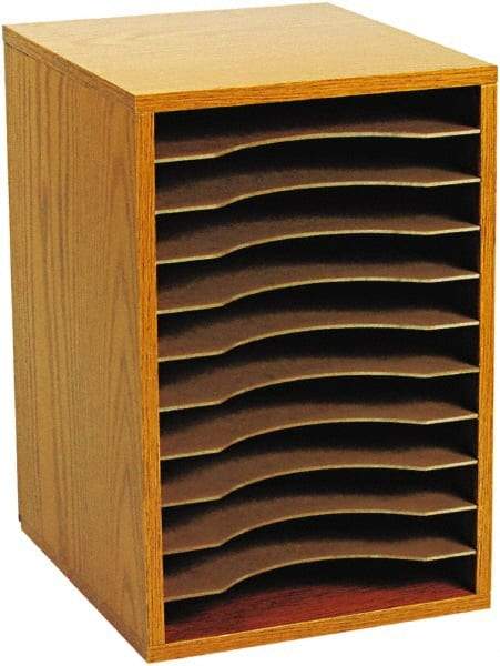 Safco - 10-3/4" Wide x 16" High x 12" Deep Fiberboard, Hardboard & Laminated Compressed Wood Document Organizer - 11 Compartments, Medium Oak, 9-1/2" Wide x 1-1/4" High x 11-5/8" Deep Compartment - Benchmark Tooling