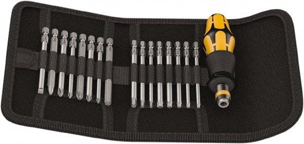 Wera - 17 Piece, 1/4" Drive Screwdriver Bit Set - #1, #2 & #3 Phillips, 3 to 6mm Hex, #1, #2 & #3 Pozidriv, 1.0x5.5mm Slotted - Benchmark Tooling