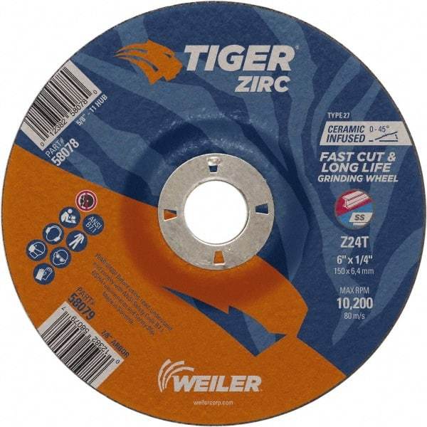 Weiler - 24 Grit, 6" Wheel Diam, 7/8" Arbor Hole, Type 27 Depressed Center Wheel - Hard Grade, Zirconia Alumina, T Hardness, 10,200 Max RPM - Benchmark Tooling