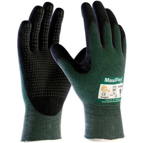 34-8443/XS Cut Resistant Glove - MaxiFlex Cut - Green Eng Yarn - Black Nitrile Dotted MicroFoam Grip - A2 - Exact Industrial Supply