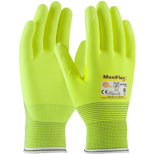 34-8743FY/XS Cut Resistant Gloves - MaxiFlex Cut - HiVis Yellow Eng Yarn Shell & Nitrile MicroFoam Grip - A2