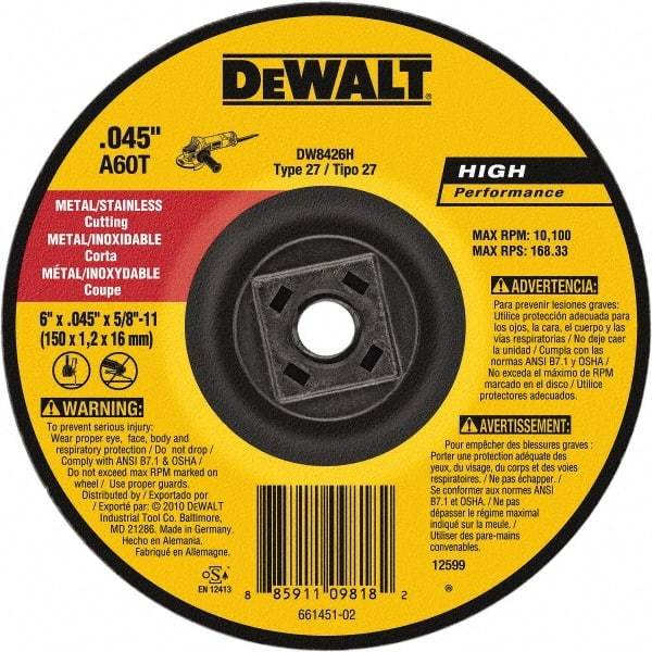 DeWALT - 60 Grit, 6" Wheel Diam, Type 27 Depressed Center Wheel - Aluminum Oxide, Resinoid Bond, 10,100 Max RPM - Benchmark Tooling