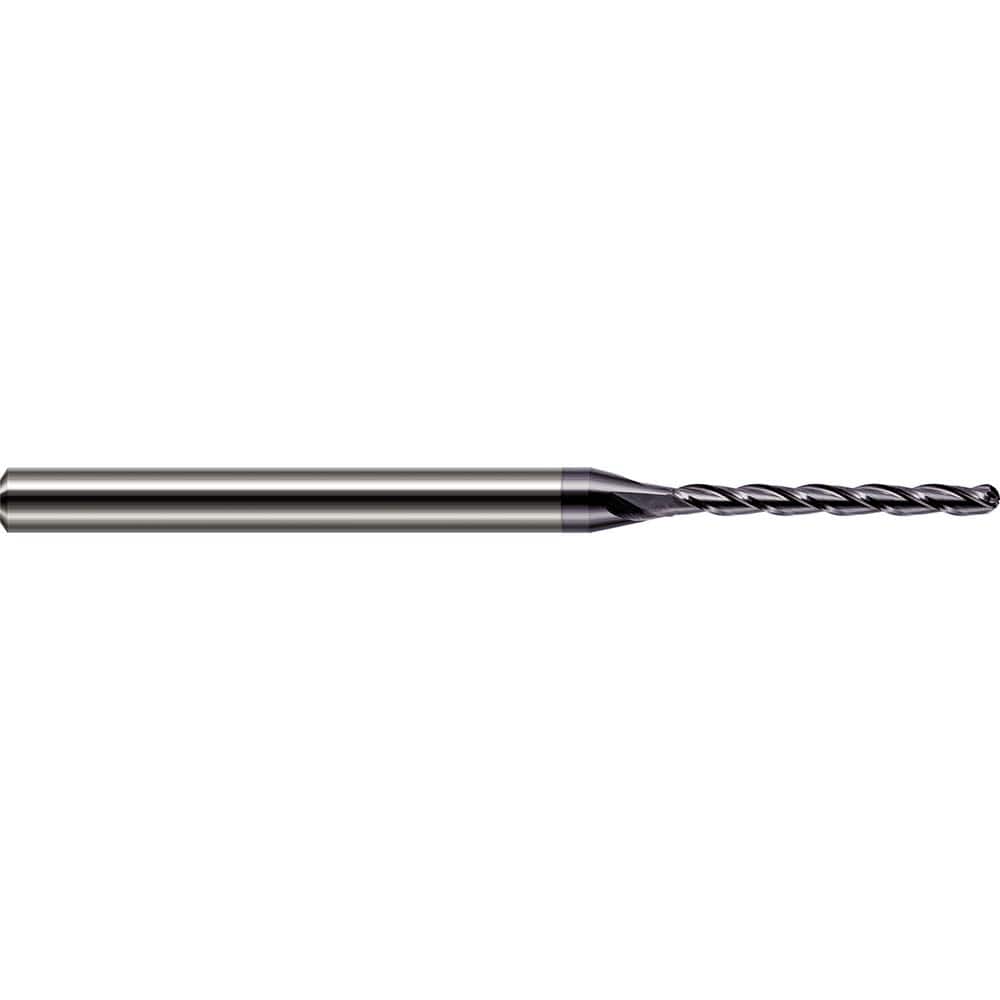 Ball End Mill: 0.04″ Dia, 0.48″ LOC, 3 Flute, Solid Carbide 2-1/2″ OAL, 1/8″ Shank Dia, 30 ° Helix, AlTiN Coated, Single End