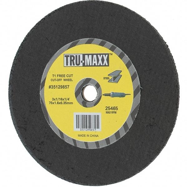 Tru-Maxx - 3" 36 Grit Aluminum Oxide Cutoff Wheel - 1/16" Thick, 1/4" Arbor, Use with Die Grinders - Benchmark Tooling