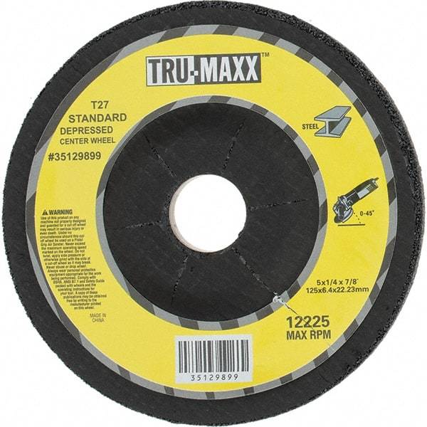 Tru-Maxx - 24 Grit, 5" Wheel Diam, 1/4" Wheel Thickness, 7/8" Arbor Hole, Type 27 Depressed Center Wheel - Coarse Grade, Aluminum Oxide, R Hardness, Compatible with Angle Grinder - Benchmark Tooling