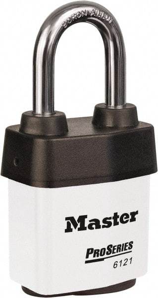 Master Lock - 1-1/2" Shackle Clearance, Keyed Different Padlock - 5/16" Shackle Diam, Laminated Steel - Benchmark Tooling