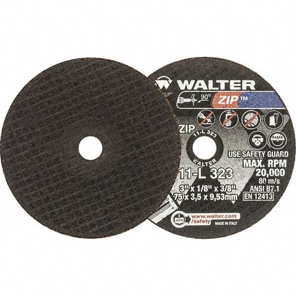 WALTER Surface Technologies - 3" 24 Grit Aluminum Oxide Cutoff Wheel - 1/8" Thick, 3/8" Arbor, 20,000 Max RPM, Use with Die Grinders - Benchmark Tooling