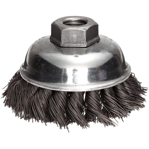 Vortec Pro 3-1/2″ Crimped Wire Cup Brush, .014″ Steel Fill, 5/8″-11 UNC Nut, Retail Pack - Benchmark Tooling