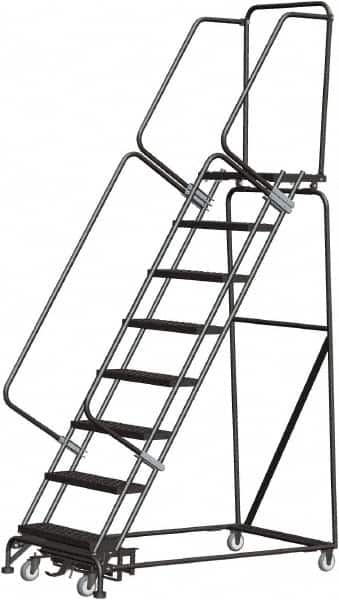 Ballymore - 113" 8 Step Rolling Warehouse Ladder - Lock Step Rolling Safety Ladder, 450 Lb Capacity, 80" Platform Height, 32" Base Width x 61" Base Depth, Perforated Tread - Benchmark Tooling