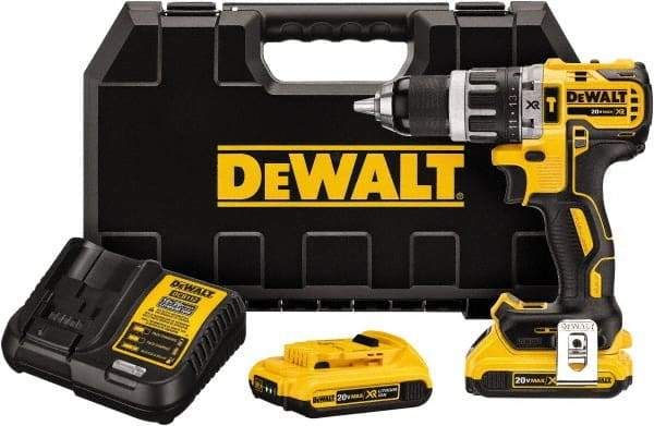 DeWALT - 20 Volt 1/2" Metal Single Sleeve w Carbide Jaws Ratcheting Chuck Chuck Cordless Hammer Drill - 0 to 34,000 BPM, 0 to 500 & 0 to 2,000 RPM, Reversible, Mid-Handle - Benchmark Tooling