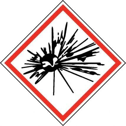 NMC - Hazardous Materials Label, Header: Explosive Warning - Legend: GHS - Graphic, English, Black & Red, 4" Long x 4" High, No Coating - Benchmark Tooling