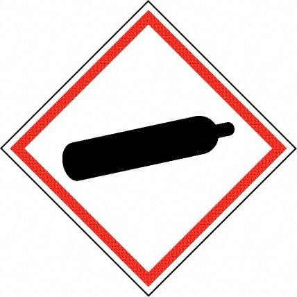 NMC - Hazardous Materials Label, Header: Compressed Gas Warning - Legend: GHS - Graphic, English, Black & Red, 4" Long x 4" High, No Coating - Benchmark Tooling