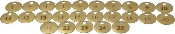 Value Collection - 1" High x 1" Long, 1 to 25, English Safety & Facility Numbered Tag - 1 Side, Brass - Benchmark Tooling