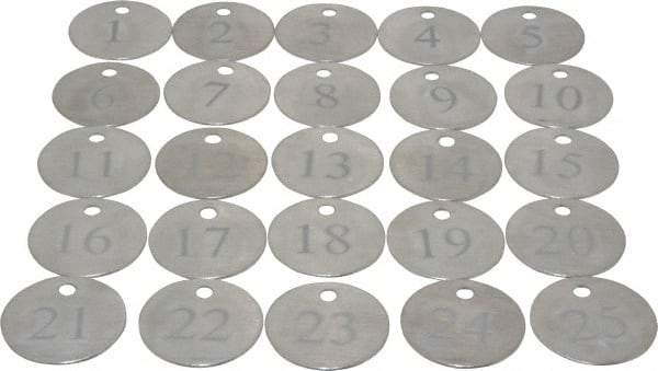 Value Collection - 1-1/4" High x 1-1/4" Long, 1 to 25, English Safety & Facility Numbered Tag - 1 Side, Aluminum - Benchmark Tooling