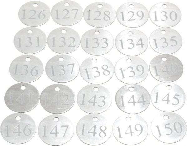 Value Collection - 1-1/4" High x 1-1/4" Long, 126 to 150, English Safety & Facility Numbered Tag - 1 Side, Aluminum - Benchmark Tooling