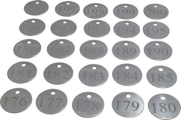 Value Collection - 1-1/4" High x 1-1/4" Long, 176 to 200, English Safety & Facility Numbered Tag - 1 Side, Aluminum - Benchmark Tooling