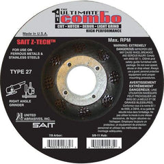 Sait - 5" Wheel Diam, 7/8" Arbor Hole, Type 27 Depressed Center Wheel - Extra Coarse Grade, Zirconia Alumina, S Hardness, 12,200 Max RPM - Benchmark Tooling
