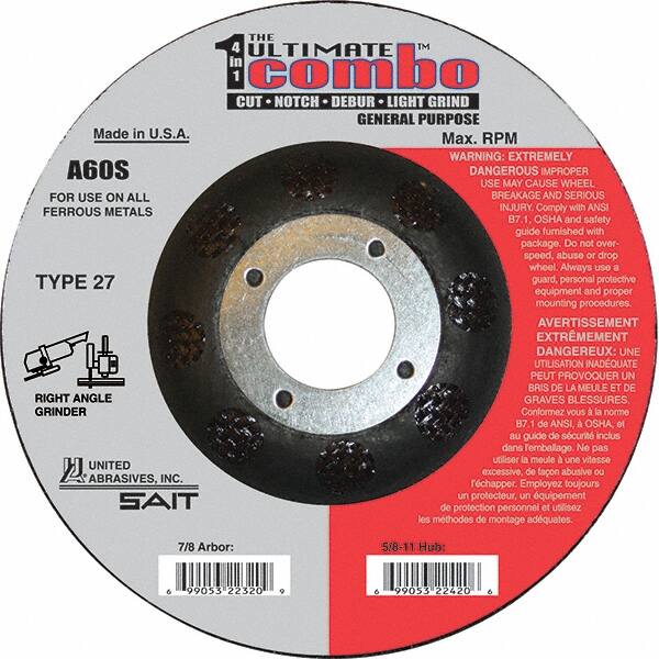 Sait - 60 Grit, 5" Wheel Diam, 7/8" Arbor Hole, Type 27 Depressed Center Wheel - Extra Coarse Grade, Aluminum Oxide, S Hardness, 12,200 Max RPM - Benchmark Tooling