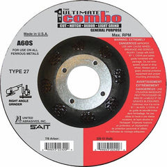 Sait - 60 Grit, 5" Wheel Diam, 7/8" Arbor Hole, Type 27 Depressed Center Wheel - Extra Coarse Grade, Aluminum Oxide, S Hardness, 12,200 Max RPM - Benchmark Tooling