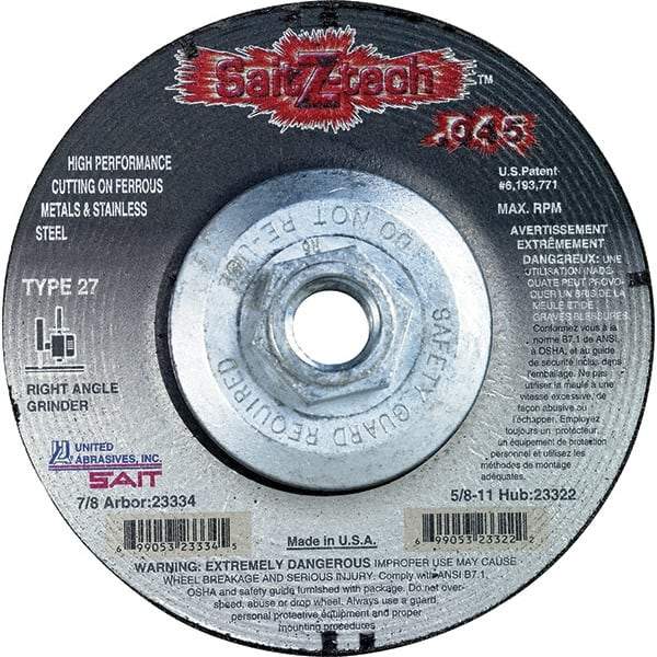 Sait - 5" Wheel Diam, Type 27 Depressed Center Wheel - Extra Coarse Grade, Zirconia Alumina, S Hardness, 12,200 Max RPM - Benchmark Tooling