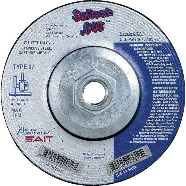 Sait - 5" Wheel Diam, Type 27 Depressed Center Wheel - Extra Coarse Grade, Ceramic, S Hardness, 12,200 Max RPM - Benchmark Tooling