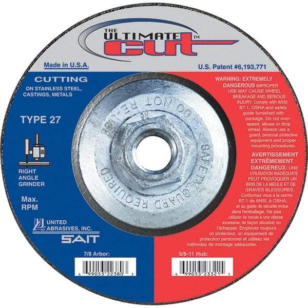 Sait - 5" Wheel Diam, Type 27 Depressed Center Wheel - Extra Coarse Grade, Zirconia Alumina, S Hardness, 12,200 Max RPM - Benchmark Tooling