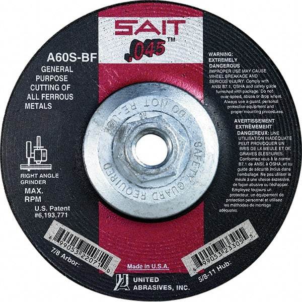 Sait - 60 Grit, 5" Wheel Diam, Type 27 Depressed Center Wheel - Extra Coarse Grade, Aluminum Oxide, S Hardness, 12,200 Max RPM - Benchmark Tooling