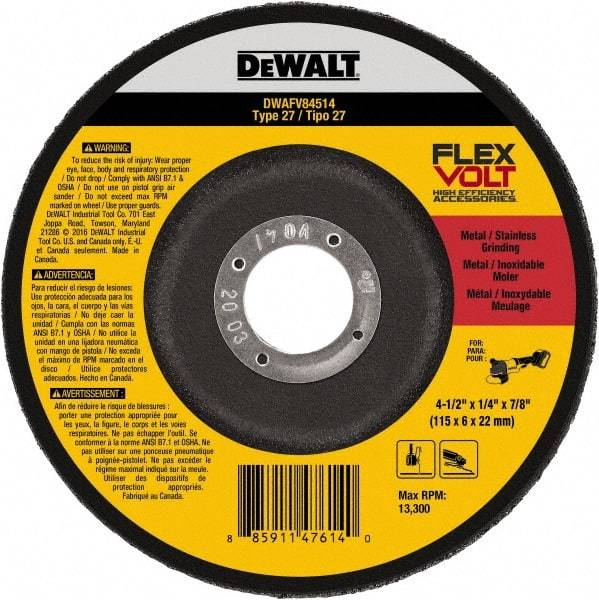 DeWALT - 4-1/2" Wheel Diam, 1/4" Wheel Thickness, 7/8" Arbor Hole, Type 27 Depressed Center Wheel - Fine/Coarse Grade, Ceramic, 13,300 Max RPM - Benchmark Tooling