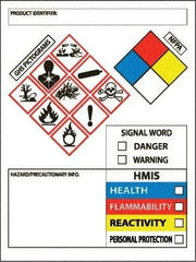 NMC - Hazardous Materials Label, Header: WARNING - Legend: GHS - Graphic, English, White, Red, Blue, Yellow & Black, 3" Long x 4" High, No Coating - Benchmark Tooling
