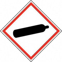 NMC - Hazardous Materials Label, Header: Compressed Gas Warning - Legend: GHS - Graphic, English, Black & Red, 4" Long x 4" High, No Coating - Benchmark Tooling