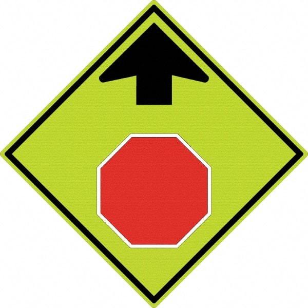 NMC - "Up Arrow, Stop Symbol", 30" Wide x 30" High, Aluminum Stop & Yield Signs - 0.08" Thick, Red & Black on Yellow, Diamond Grade Reflectivity, Diamond, Post Mount - Benchmark Tooling